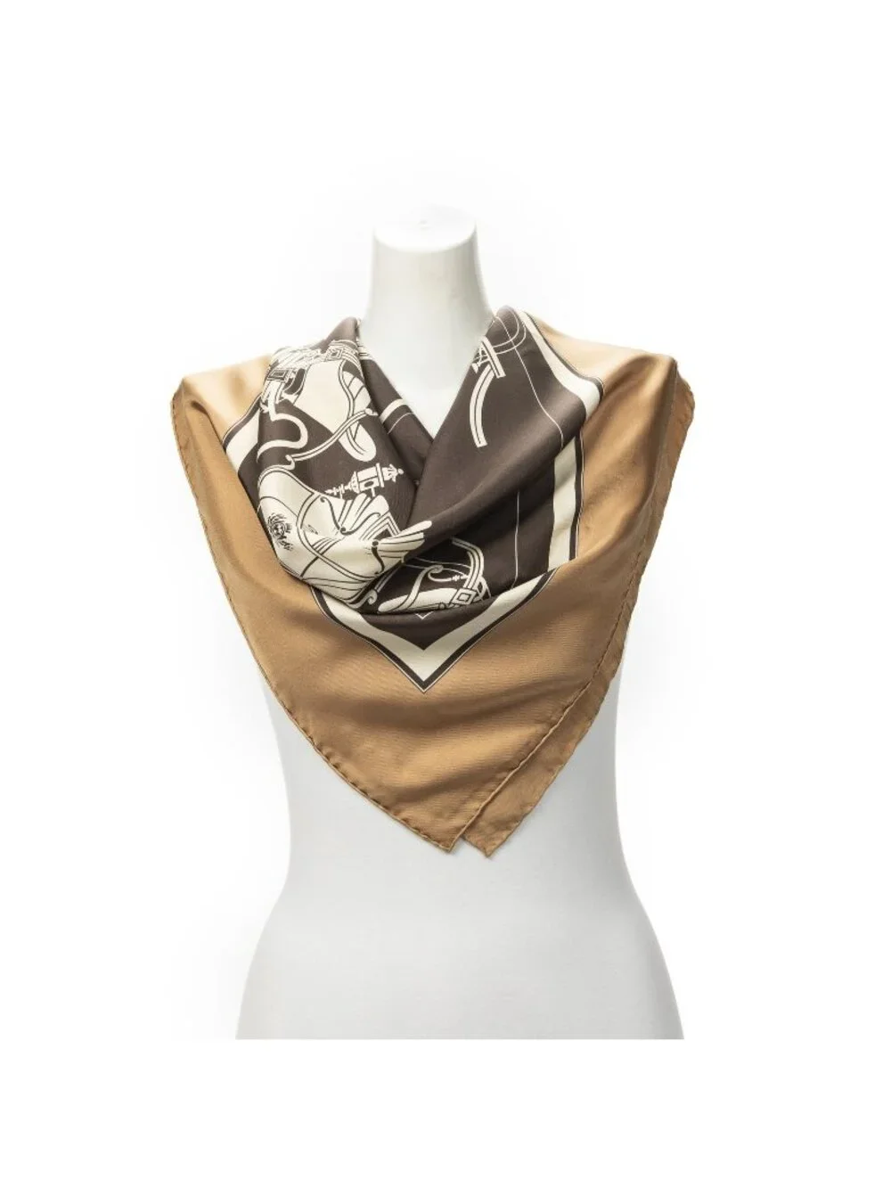 Hermes Scarf Dark Brown Tan Ivory 100% Twill Silk